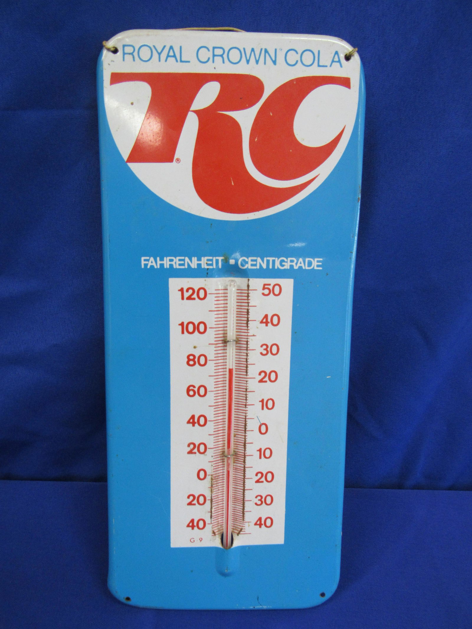RC COLA BLUE WORKING THERMOMETER: Good condition, 13.5" x 6"