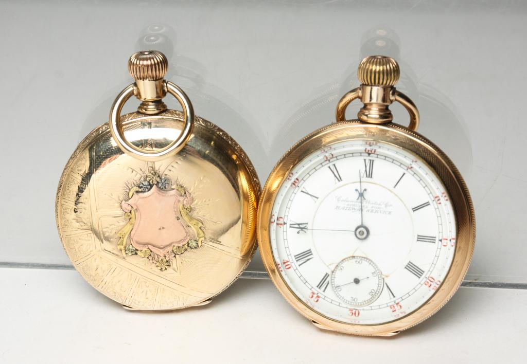 TWO VINTAGE POCKET WATCHES - ONE RAILWAY SERVICE.: American, late 19th century. Two Columbus Watch Co. yellow gold filled watches: one open face 18S, 17J, lever set (lever loose), dial marked 'Special for Railway Service', serial 3326711 (1898-99), mo