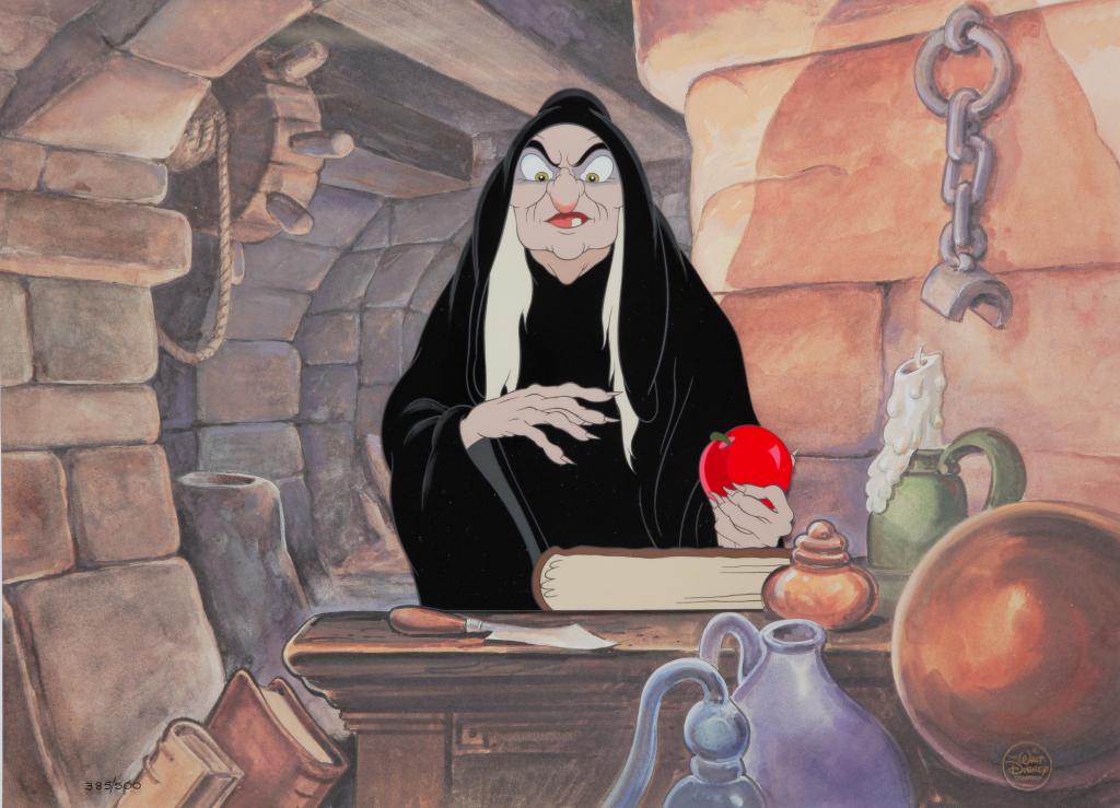 ORIGINAL WALT DISNEY HAND-PAINTED ANIMATION CEL.: Ca. 1989. Limited edition painted cel with lithographic background from Disney Art Editions. Depicting the Evil Witch holding an apple from "Snow White and The Seven Dwarfs". Gallery Lainzberg authent