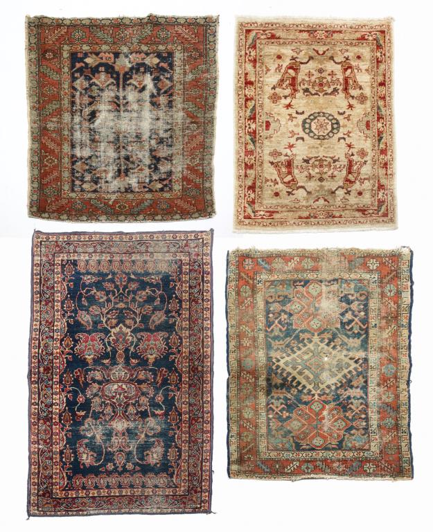 FOUR ORIENTAL AREA RUGS.: Twentieth century. Beige field and multicolored floral pattern, some wear, 2'8.5" x 3'10". Blue field and multicolored floral pattern, rebound edges and wear, 2'10" x 5'5". Blue field, rust border and