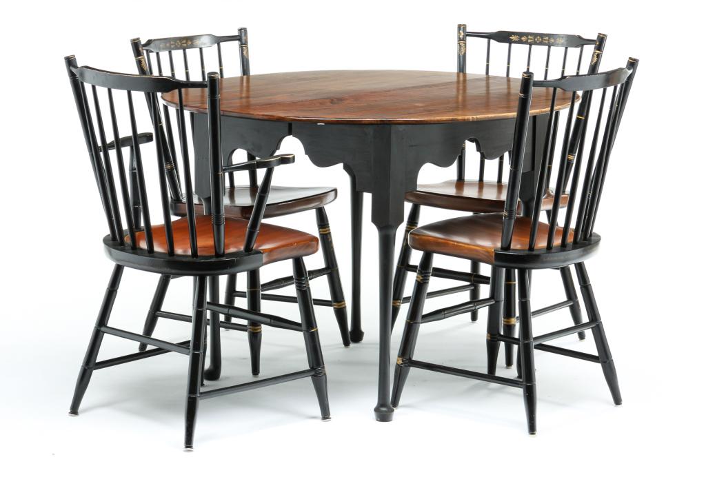 FOUR HITCHCOCK CHAIRS AND QUEEN ANNE STYLE TABLE.: Maple chairs with bamboo turnings, natural seats, black paint and gold stripping and stenciling. One arm and three sides. 18" seat, 34.75"h. And table with tiger maple top, black painted base with sca