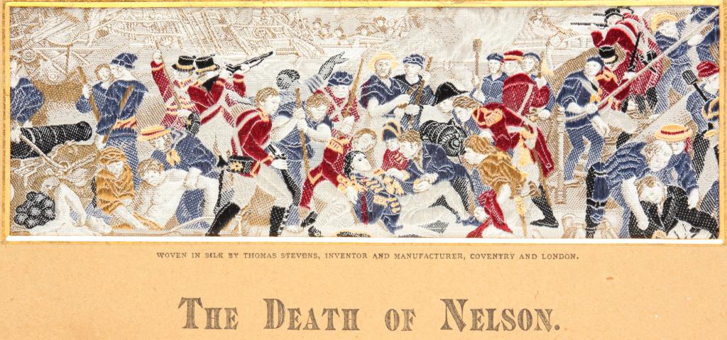 ENGLISH "THE DEATH OF NELSON" STEVENGRAPH.: Second half-19th century. Battle scene "Woven in silk by Thomas Stevens, inventor and manufacturer, Coventry and Londonâ€œ. Original mat with advertisement on back. 6.75"h. 9.75"w.