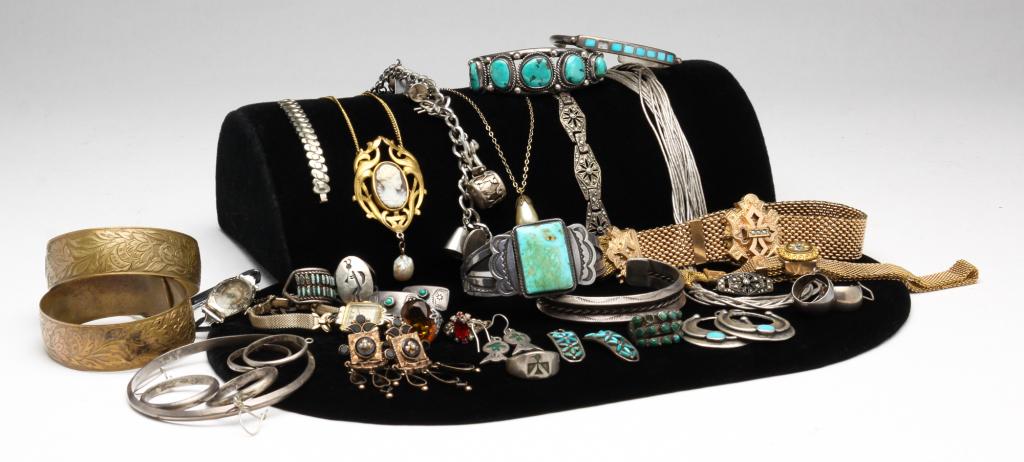 GROUP OF VINTAGE COSTUME JEWELRY.: Late 19th - 20th century. Variety of vintage jewelry including: multi-strand sterling necklace, German silver and marcasite bracelet, two ladies wristwatches, bangles, Victorian style mesh slide brace