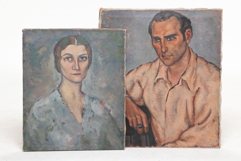 TWO AMERICAN OIL ON CANVAS PORTRAITS.: Second quarter 20th century. In the WPA Style. Seated gentleman, 28"h. 24"w. And lady, 24"h. 20"w. "Preble Brisbear, Maine" on reverse of stretchers. Wear and scratches and loose canvas.