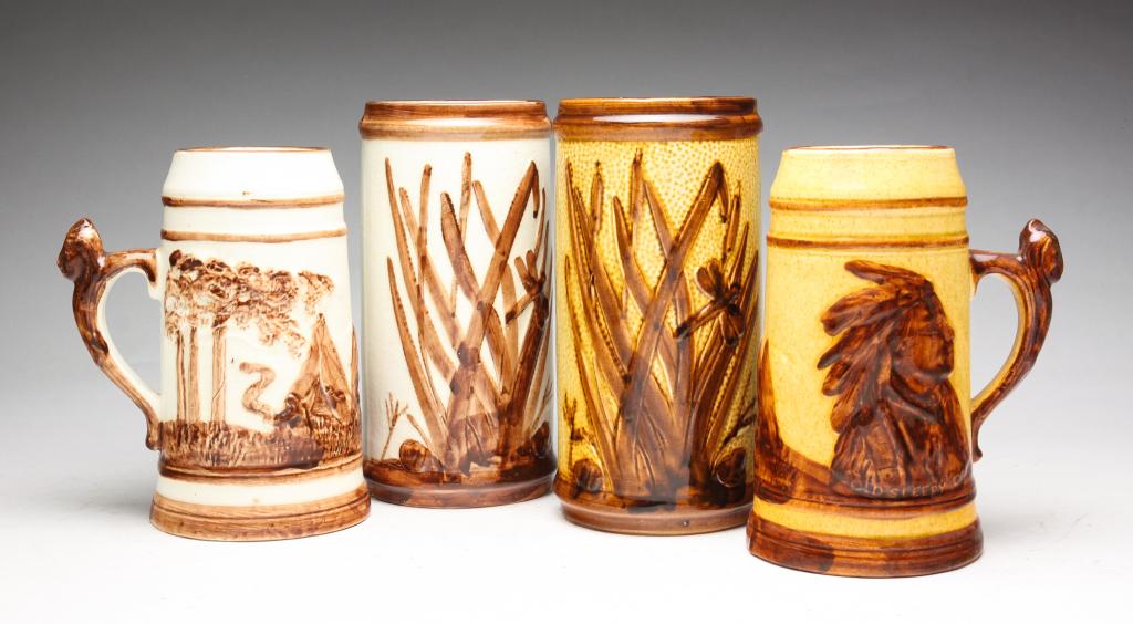 SLEEPY EYE STONEWARE STEINS AND BRUSH POTS.: Ca. 1900. Two brush pots, 8.5"h. And two steins, 7.5"h.
