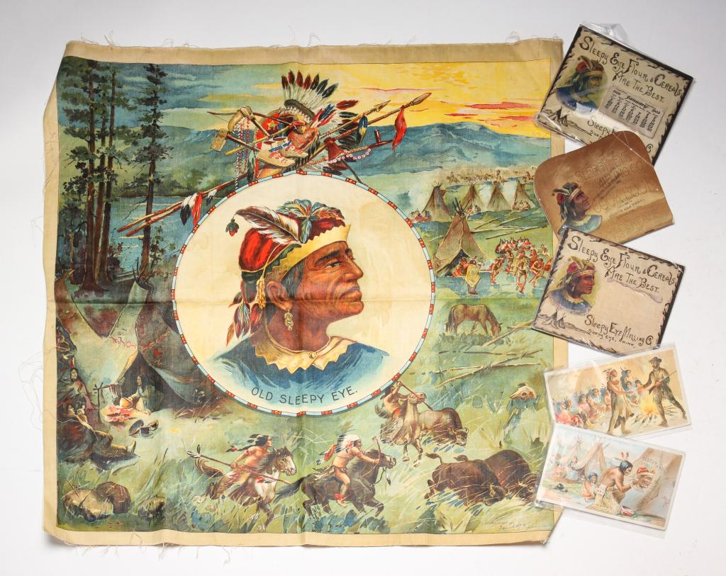 SIX PIECES OF SLEEPY EYE ADVERTISING.: Ca. 1900. Two post cards, 1909 calendar, card missing a calendar, cookbook and lithograph on cloth.