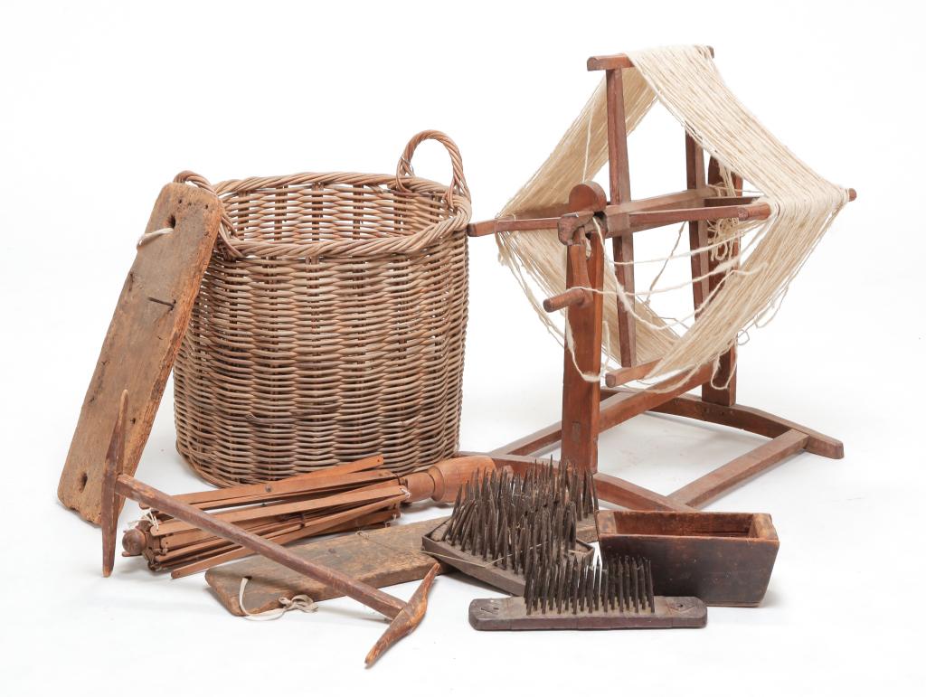 AMERICAN YARN WINDER AND WEAVING ACCOUTREMONT.: Second half 19th century. Walnut winder, 24.5"h. Hatchells, wool combs, niddy-noddy, swift and a wicker basket, 19"h.