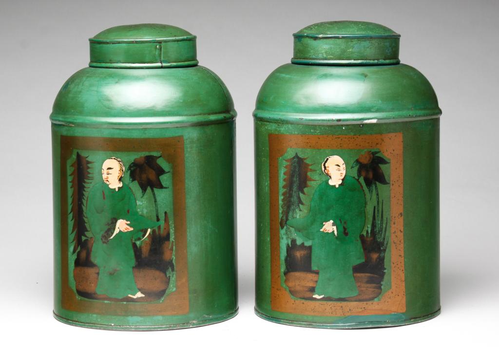 PAIR OF CHINESE TEA TINS.: Nineteenth century tins with 20th century repaint. Varnished surfaces have flaking. 11.5"h.