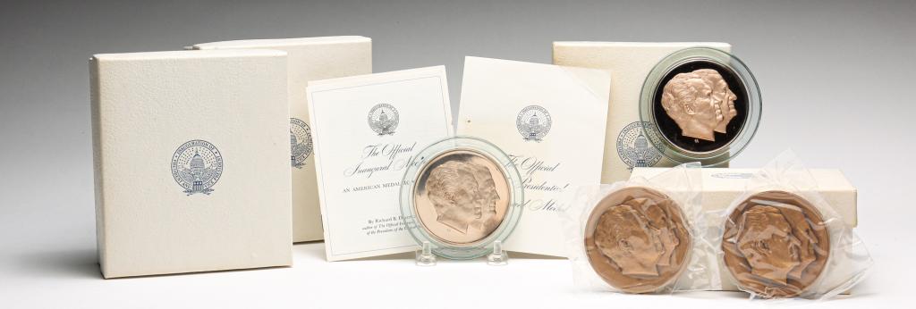 FOUR 1973 OFFICIAL INAUGURAL MEDALS IN BOXES: Group of four 1973 official inaugural presidential medals. Includes two solid bronze medals in traditional finish and two solid bronze medals in proof finish. All are in original presentation boxes wi