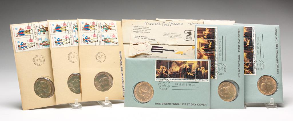 NINE 1975 AND 1976 BICENTENNIAL BRONZE MEDALS: Group of nine Bicentennial bronze medals. Six are 1975 Paul Revere medals and three are 1976 Thomas Jefferson. All are in original packaging from the mint.