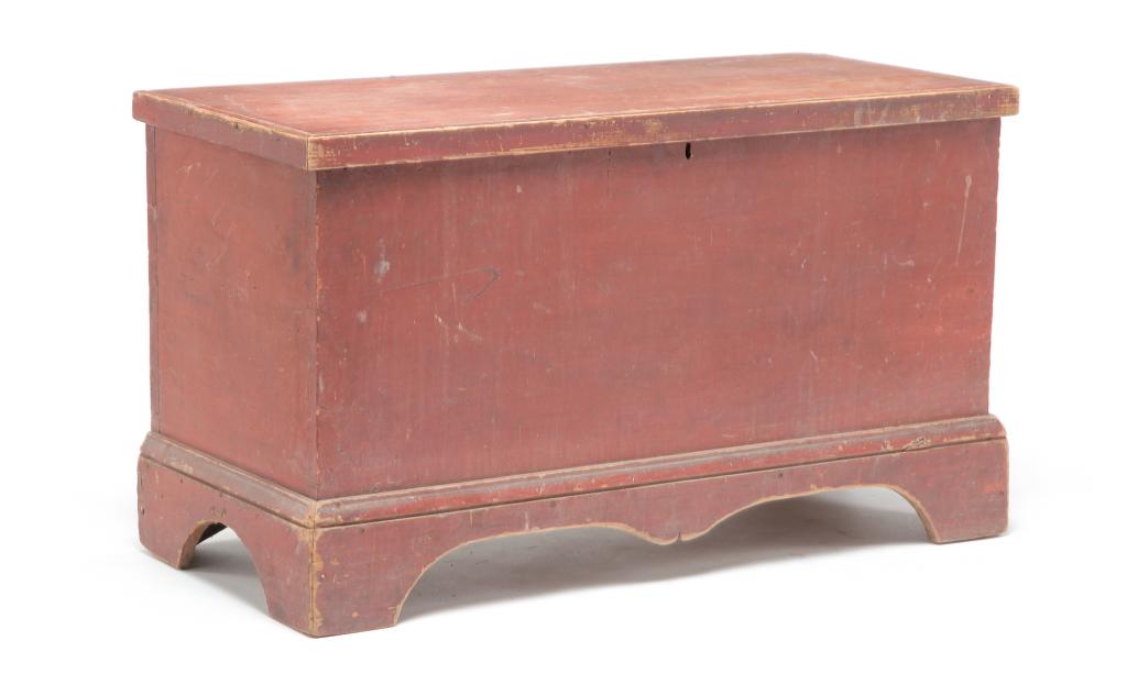 AMERICAN PAINTED BLANKET CHEST.: Second quarter 19th century, poplar. Lid with applied moldings, dovetailed case, bracket feet and interior lidded till. Replaced hinges, edge loss and paint wear. 21.5"h. 37.25"w. 16.25"d.