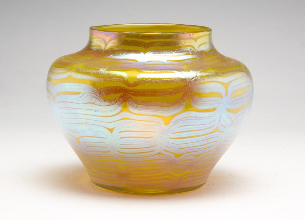LOETZ ART GLASS VASE.: Austria, 20th century. Yellow iridized glass vase with round mouth. Signed. Some pitting. 5.5"h.