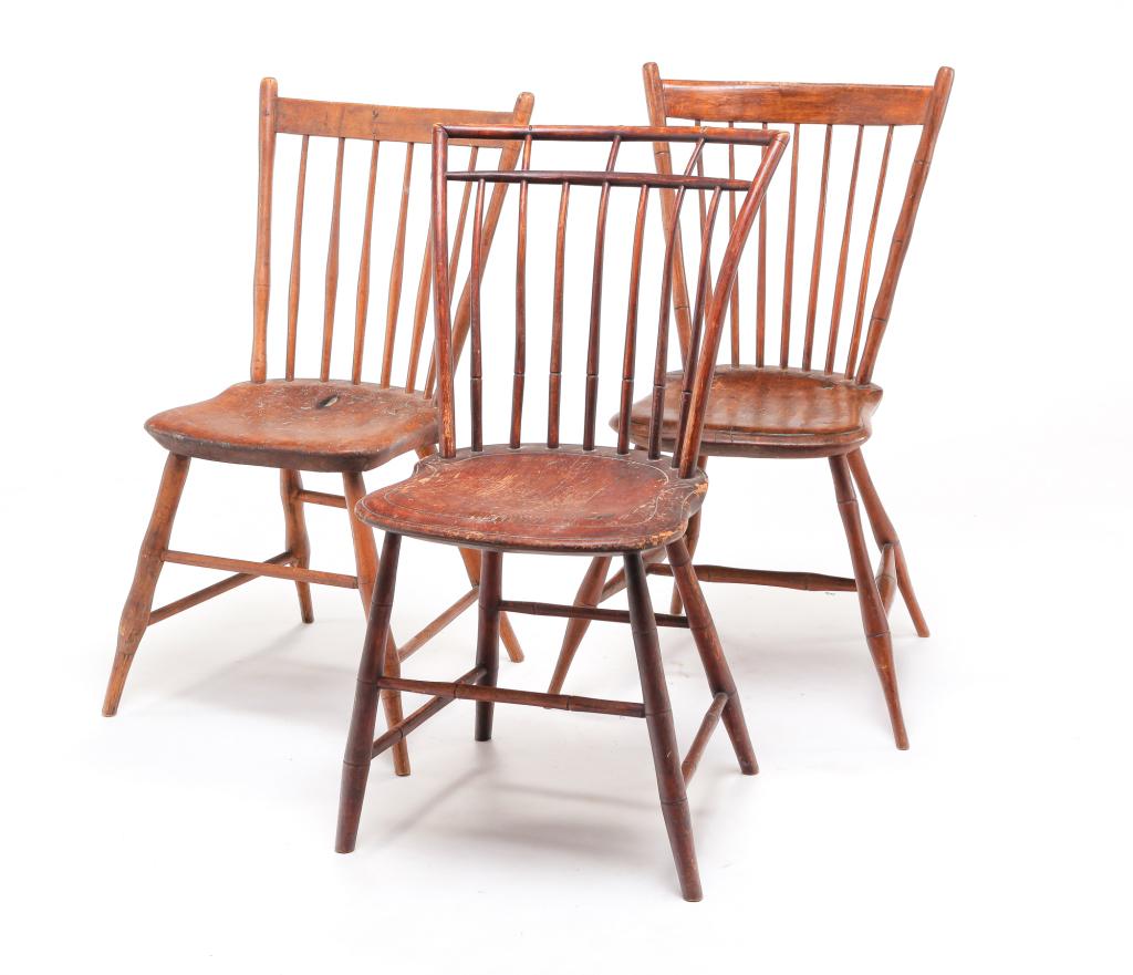 THREE EARLY AMERICAN CHAIRS.: First quarter 19th century. A mixed woods birdcage Windsor side chair with bamboo turnings, wear and loss, 18" seat, 34"h. Spindle back side chair with bamboo turnings and "H," refinished with wear, 1