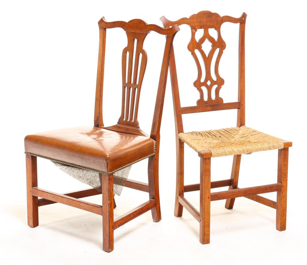 TWO AMERICAN CHIPPENDALE CHAIRS.: Fourth quarter 18th century, cherry. Both have eared crests, pierced back splats, square legs, mortised stretchers and pegged construction. One with leather seat, 18" seat, 38.5"h. And the other with 