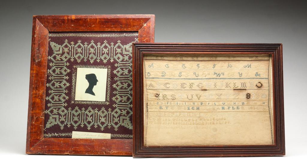 TWO AMERICAN NEEDLEWORKS.: Second quarter 19th century. Sampler, silk and cotton on linen. Alphabets, short verse and "Mary C. Winch Sampler 1834". Stains and color bleeding. 11.75"h. 16"w. And wool needlework with silhouette i