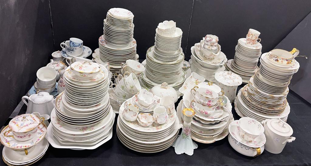 COLLECTION OF FRENCH HAVILAND CHINA.: Ca. 1900. Various serving pieces and tableware in variety of patterns. Including lidded biscuit jar. Various wear and pin point flakes.