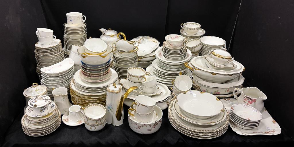 COLLECTION OF FRENCH HAVILAND CHINA.: Ca. 1900. Various serving pieces and tableware in variety of patterns. Including side handled chocolate pot. Various wear and pin point flakes.