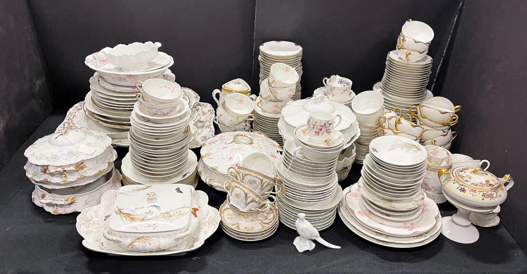 COLLECTION OF FRENCH HAVILAND CHINA.: Ca. 1900. Various serving pieces and tableware in variety of patterns. Including triangle lidded sugar. Various wear and pin point flakes.
