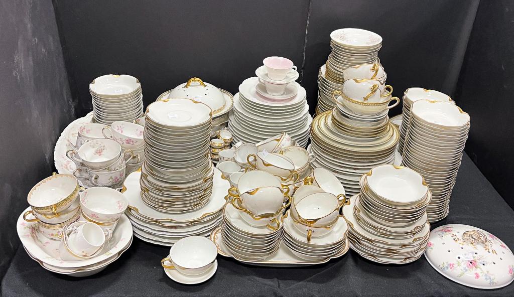 COLLECTION OF FRENCH HAVILAND CHINA.: Ca. 1900. Various serving pieces and tableware in variety of patterns. Including lidded pancake server. Various wear and pin point flakes.