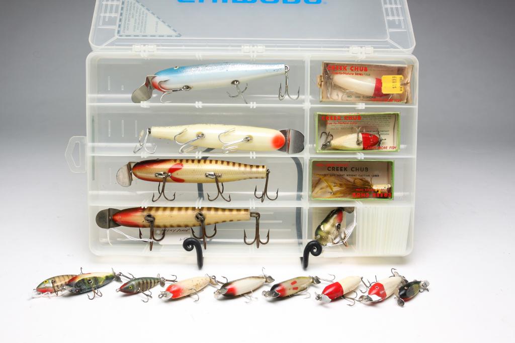 GROUPING OF FISHING LURES INCLUDING CREEK CHUB. (1 of 4)