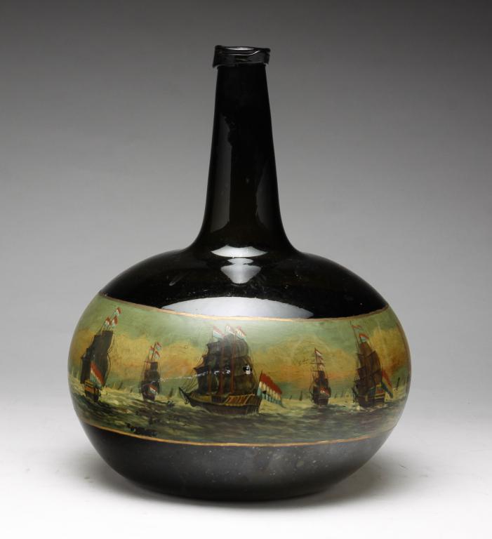 DUTCH BOTTLE WITH PAINTED NAVAL SCENE. (1 of 5)