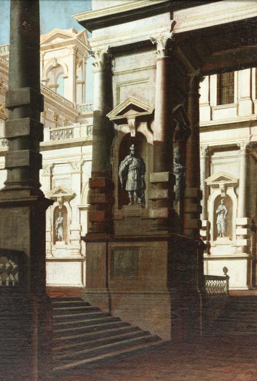 ITALIAN ARCHITECTURAL CITY SCENE.: Oil on canvas unsigned. Dramatically lit marble facades with columns and statues. According to a typed note on the back reputedly Northern Italy, late 17th century and possibly from the school of Ferd