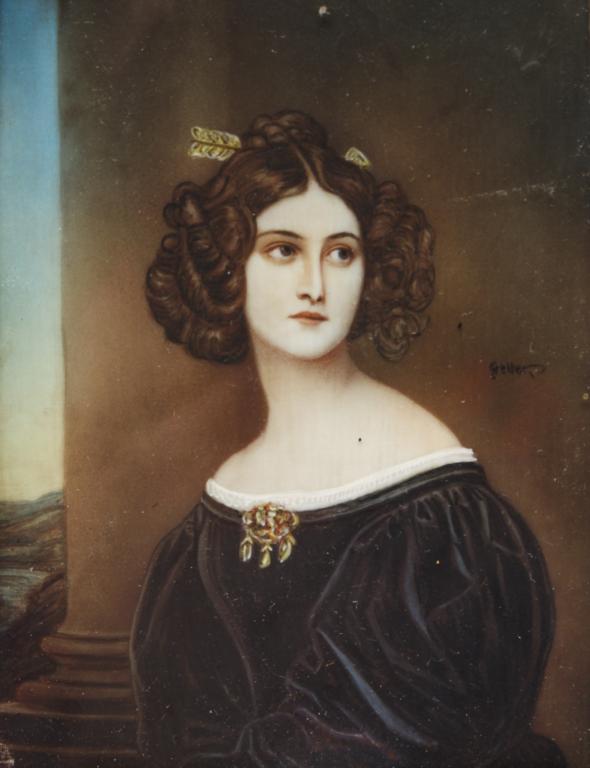 MINIATURE PORTRAIT OF NANETTE KAULA AFTER STIELER.: Second half 19th century. Detailed copy of the 1829 portrait by Joseph Karl Stieler, signed "Geller". Easel back frame, 4"h. 3"w.