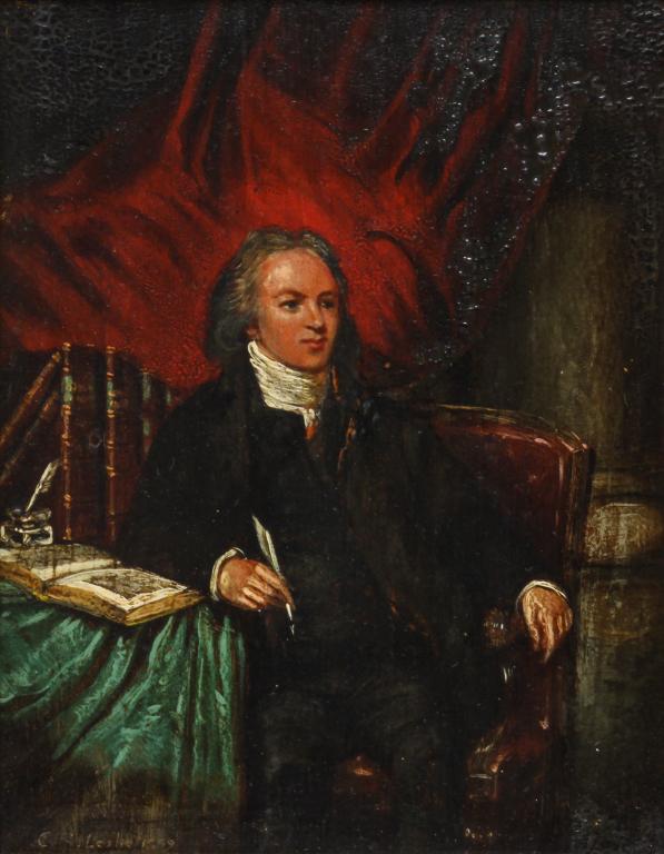 "THE NOTARY" BY CHARLES ROBERT LESLIE.: Pennsylvania/ England, 1794-1854. Oil on wood panel, signed and dated 1859 lower left. Gentleman seated at a table with ledger and quill pens. Added title on back. Alligatored varnish. 8.75"h. 6.75"w.