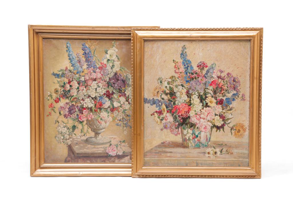 TWO S. SOMERVILLE FLORAL FRAMED OIL PAINTINGS.: England, 20th century. Stuart Scott Somerville. Floral arrangement in pot. Oil painting on board. 30.5"h 25"w. Framed, 35.5"h. 30.25"w. Floral arrangement in urn. Oil on canvas. 30"h. 25"w. Framed. 35