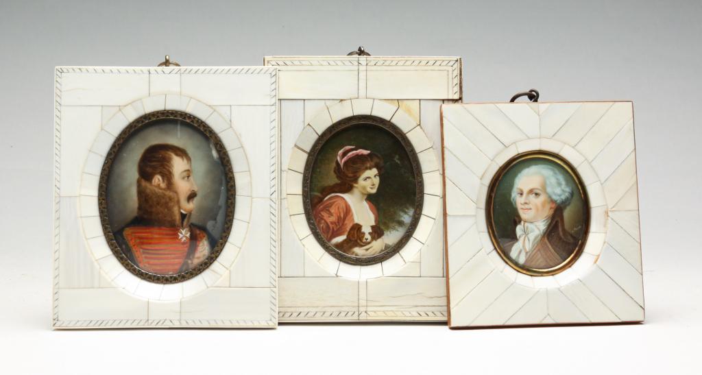 FIVE EUROPEAN MINIATURE PORTRAITS.: Late 19th - early 20th century. Man in military uniform. Signed. Framed. 5.4"h. 4.4"w. Woman with dog. Signed. Framed. 5.5"h. 4.25"w. Man with white hair. 4.6"h. 4.1"w. Varying wear.