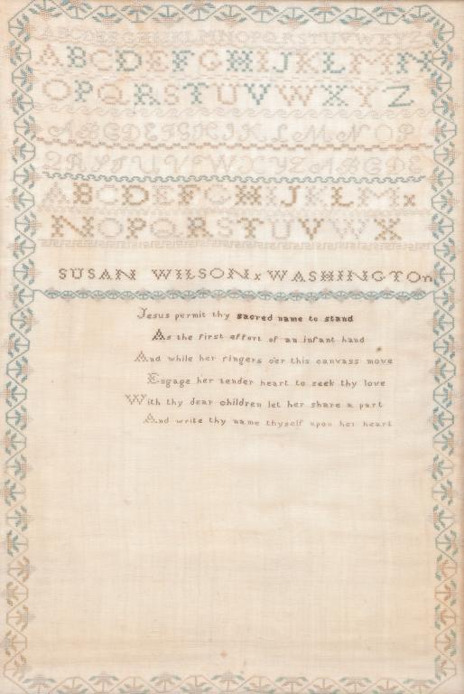 AMERICAN SAMPLER.: First half 19th century, silk on linen. Alphabets, strawberry border and verse with "Susan Wilson x Washington". Bottom third unfinished. Framed, 26.25"h. 18"w.