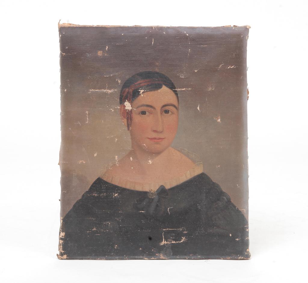 PORTRAIT OF A YOUNG WOMAN.: American school, 1st quarter 19th century. Oil on canvas, unsigned. She wears her hair back with a red ribbon. Worn, as found condition with late stretcher. Unframed, 24"h. 19"w.