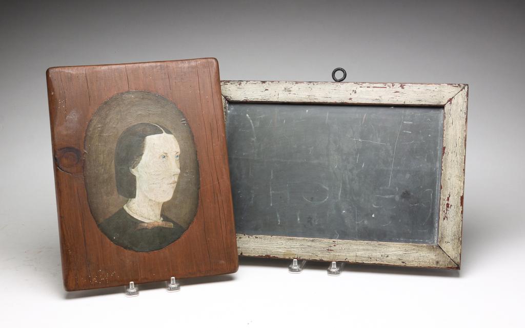 SLATE AND PAINTING ON BOARD.: Second half 19th-20th century. Child's school slate in mortised, painted wood frame, 10.5"h. 15.25"w. And a portrait of lady with blue eyes in oval reserve. 12"h. 9.75"w.