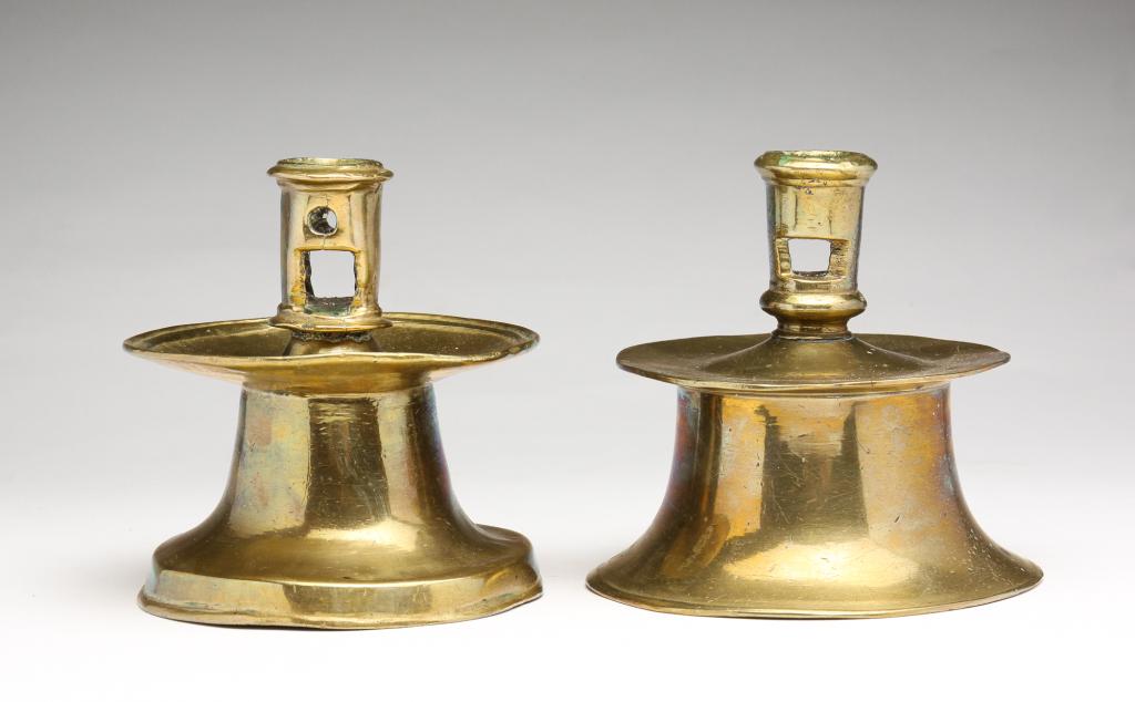 TWO SPANISH BRASS CAPSTAN CANDLESTICKS. (1 of 3)