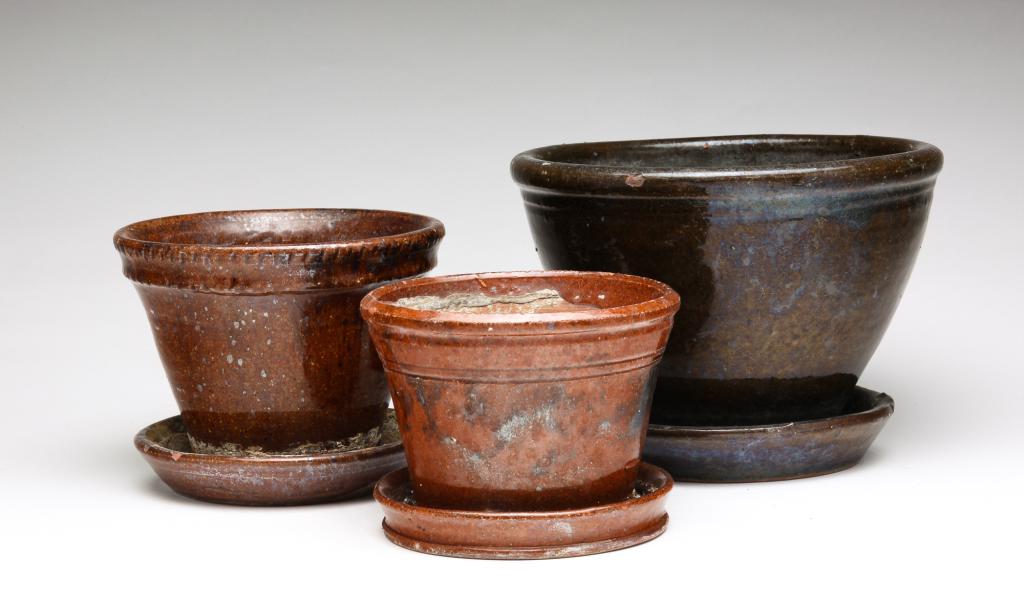 THREE AMERICAN REDWARE FLOWER POTS. (1 of 3)