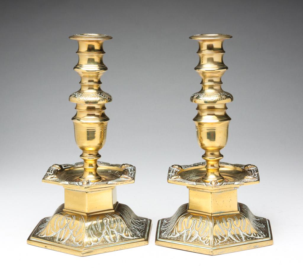 PAIR OF EASTERN BRASS CANDLESTICKS. (1 of 4)