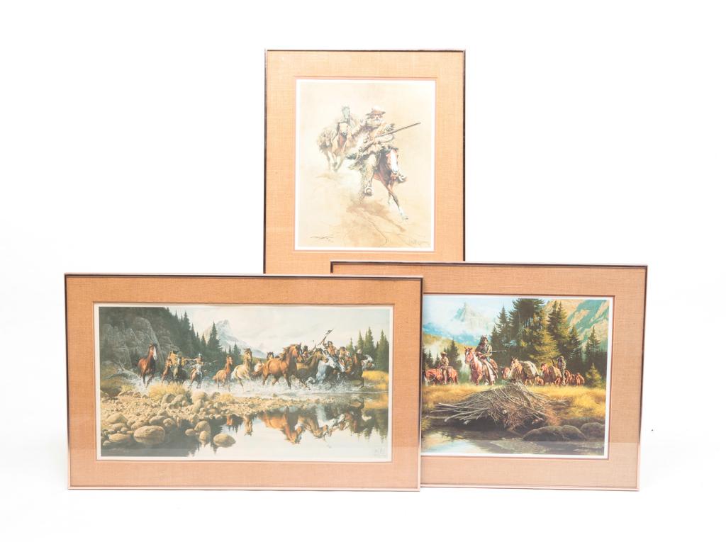 THREE FRANK MCCARTHY LIMITED EDITION PRINTS.: Fourth quarter 20th century. "The Beaver Men", 66/1000, artist signed. 21.5"h. 29.75"w. "Returning Raiders". 947/1000, artist signed. 20.5"h. 33.5"w. "An Old Time Mountain Man", 211/1000, artist signe