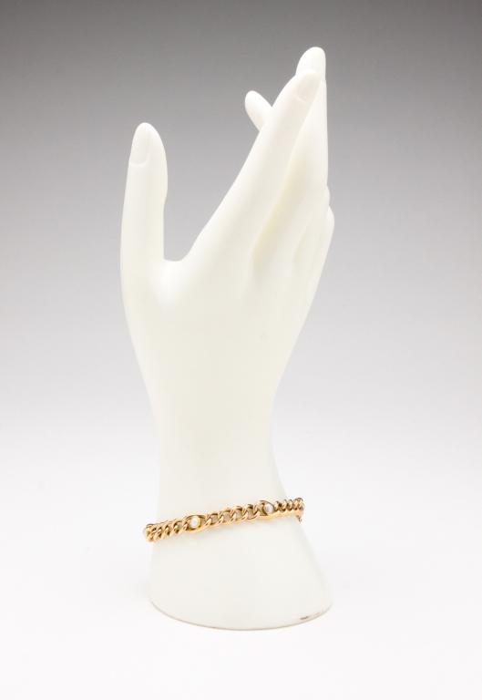 ANTIQUE YELLOW GOLD LINK AND PEARL BRACELET.: English, late 19th century. Unmarked 15K yellow gold open link bracelet (tested with x-ray metal tester) set with six round pearls, approx. 7"l, 13gr (not including added gold filled safety chain).
