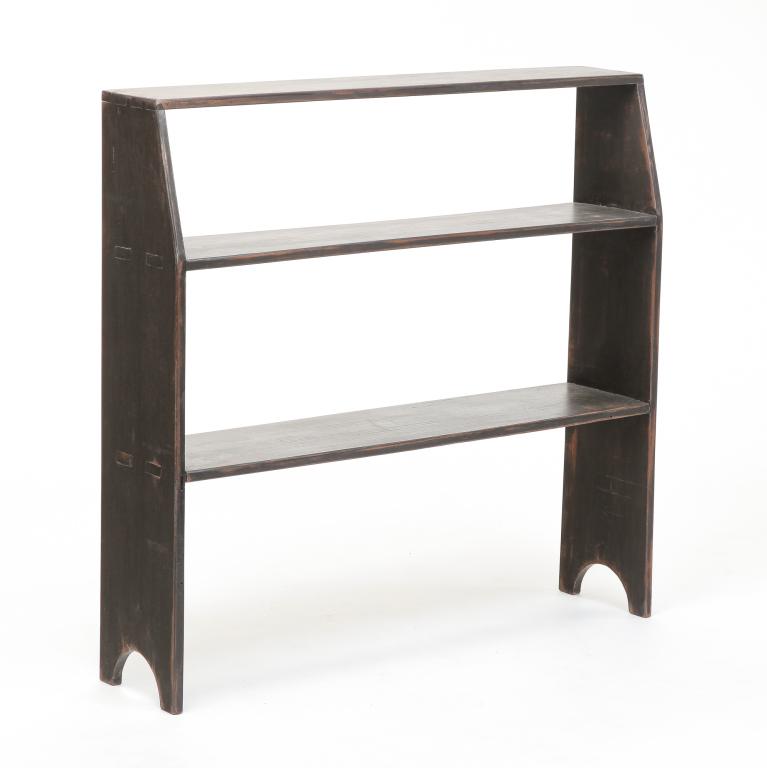 AMERICAN COUNTRY PAINTED CROCK BENCH.: Contemporary, pine. Frame with dovetailed top. two mortised shelves, half round cut out ends and distressed black paint. 40"h. 41.5"w. 9.5"d.