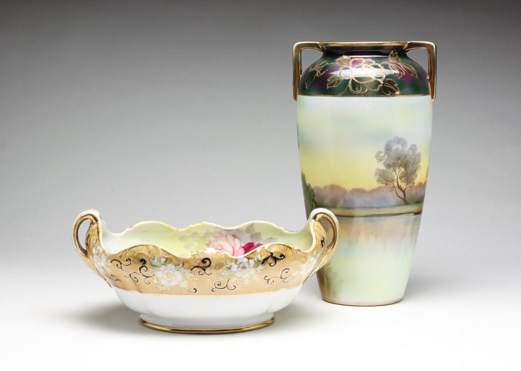HAND PAINTED NIPPON VASE AND BOWL BY NORITAKE.: Japan, 20th century. Vase with landscape scene and gold decoration. 10.5" h. Floral decorated handled bowl. 10" w. Wear to paint on both.