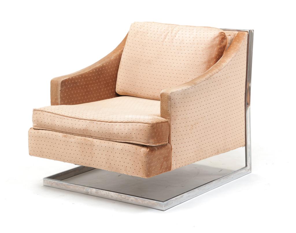 MID-CENTURY MODERN CHROME FRAMED LOUNGE CHAIR.: American, mid-20th century. Squared chrome frame with tan velour upholstery. In the style of Milo Baughman. Wear. 29.25"w. 28"h. 32"d.