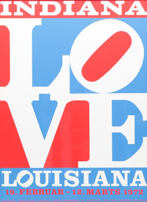 FRAMED ROBERT INDIANA "LOVE" POSTER.: American, c. 1972. Framed Robert Indiana Louisiana gallery poster. 38.5"h. 29"w.