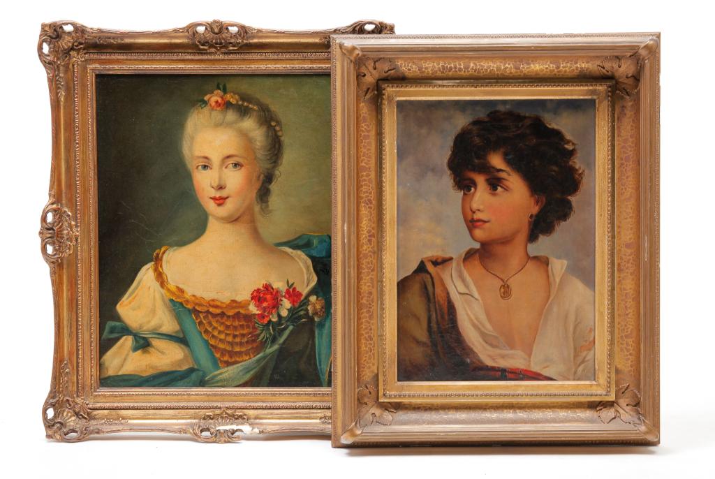 TWO EUROPEAN PORTRAITS.: Ca. 1900. Grey haired lady with roses. Crazing and rebacked on masonite, 20"h. 16"w. Framed (loss and repair), 25"h. 21"w. And young man after Salvatore Postiglione. Crazing, 18"h. 13"w. Framed, 24.5"