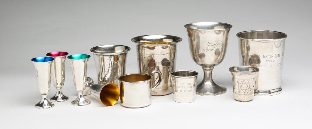 GROUPING OF STERLING SILVER CUPS.: American and European, 19th and 20th centuries. Including a set of four Gorham colored cordials, Preisner goblet and julep, small mug, Webster shot glass, baby cup and others. Some engraved. Varying w