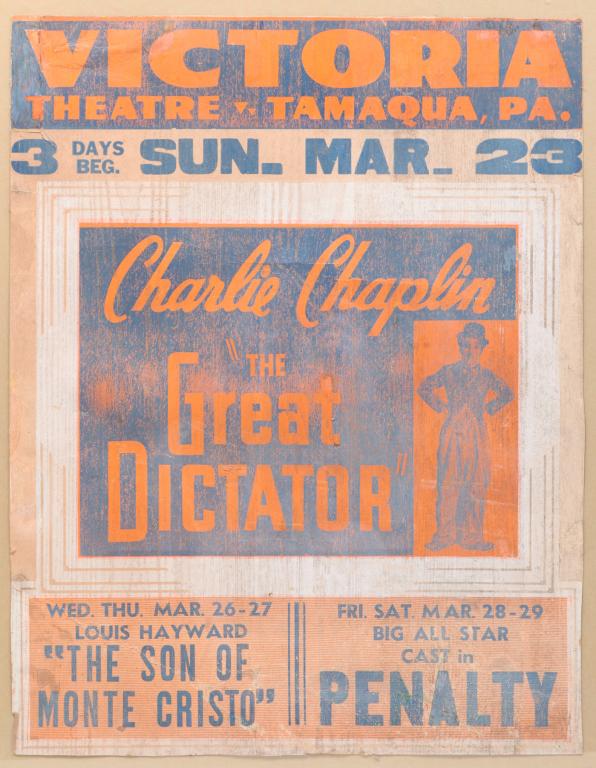 CHARLIE CHAPLIN AT THE VICTORIA THEATRE POSTER.: American,1st half-20th century. Chromolithograph on paper. Framed. Advertising Charlie Chaplin in "The Great Dictator" at the Victoria Theatre, Tamaqua, PA.
