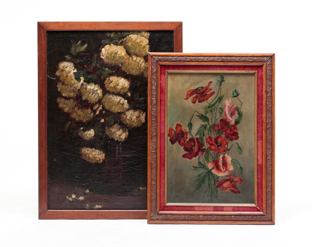 TWO FLORAL PAINTINGS.: American, late 19th-20th century. Oil on canvas. Unsigned chrysanthemums. Restored including rebacking on canvas. 30"h. 21.25"w., framed, 32.25"h. 23.75"w. And poppies signed "IC Kirk". Tear, back cov