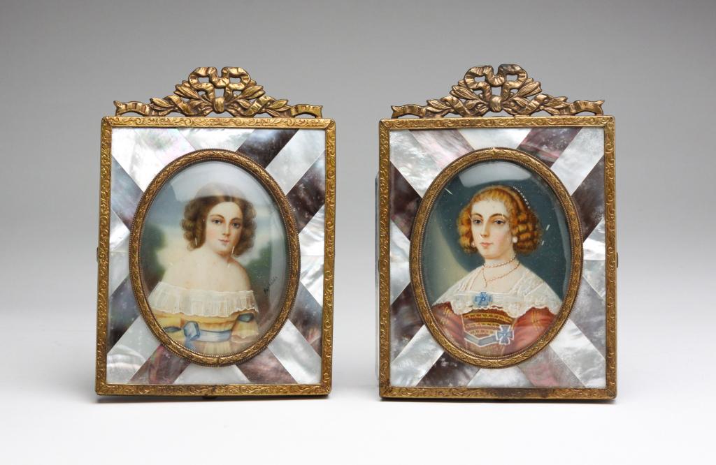 TWO MINIATURE PAINTINGS.: European, late 19th century. Portrait of a young girl with off the shoulder dress. Signed "Reynolds". Portrait of a woman in red dress with blue ribbons. Mother of Pearl and abalone inlaid frames. 5.5