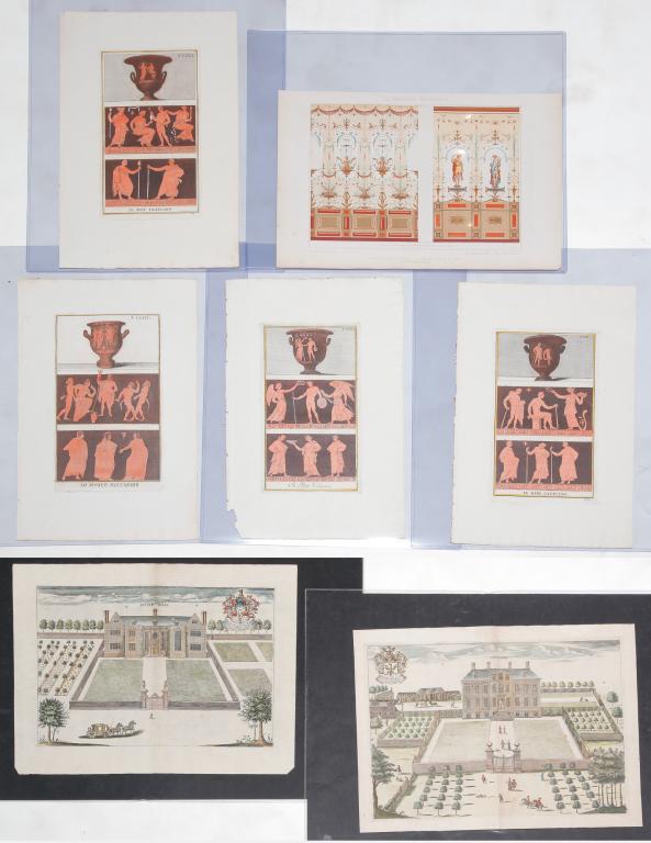 GROUP OF EUROPEAN PRINTS.: Eighteenth-19th century. French architectural chromolithograph of Renaissance style walls by Gruz and Claesen. 12"h. 18"w. and four hand colored engravings on laid paper after Giovanni Battista Passer