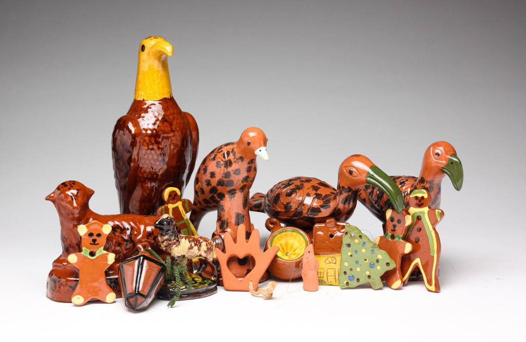 GROUP OF CONTEMPORARY AMERICAN REDWARE.: Second half 20th century. Includes three birds by James Seagreaves, initialed "JCS", 5.75" to 7"h., eagle bank by Lester Breininger, initialed and dated 1975, 11"h., and two sheep, smaller by Turtle C