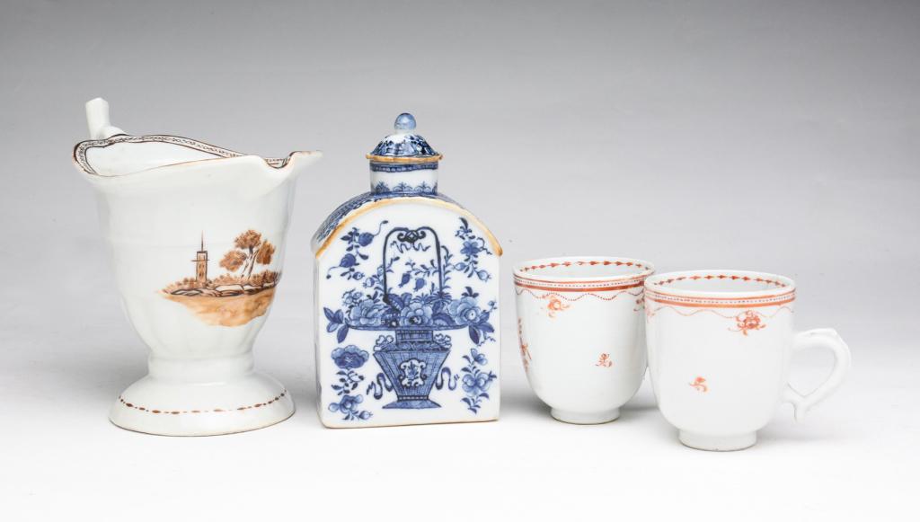 FOUR PIECES OF CHINESE EXPORT.: Late 18th-19th century. Nanking tea caddy with flower basket. Lid has flake and repair, 5"h., two demitasse cups, hairlines, and a helmet creamer with landscape. Hairline. 5.5"h.